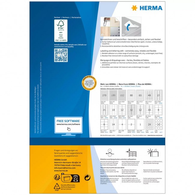 HERMA Removable labels A4 210x297 mm white Movables/removable paper matt 100 pcs HERMA Removable labels A4 210x297 mm white Movables/removable paper matt 100 pcs