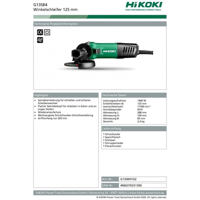 Hikoki G13SB4YGZ angle grinder 3.1 kg Hikoki G13SB4YGZ angle grinder 3.1 kg