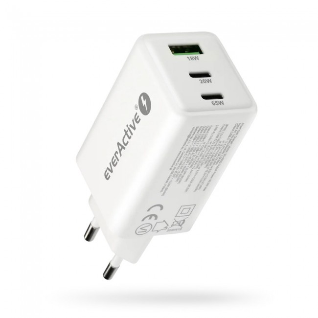 Charger GaN 1 x USB, 2 x USB-C Quick Charge 4+ 65W white Charger GaN 1 x USB, 2 x USB-C Quick Charge 4+ 65W white