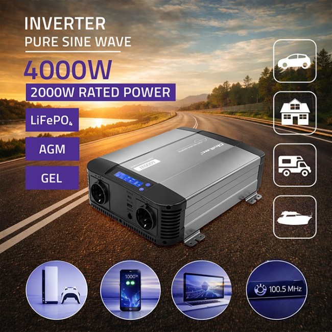 Qoltec Przetwornica napięcia Pure Sine Wave | 12V na 230V | 2000/4000W | LCD | USB | USB-C | Kompatybilna z LiFePO4 GEL AGM