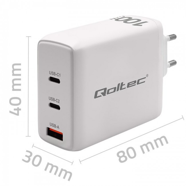 Qoltec 100W GaN Wall Charger | 5-20V | 1.5-5A | 2 x USB-C PD | 1 x USB QC 3.0 | White