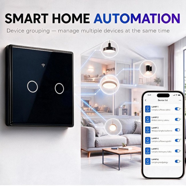 Qoltec 52712 Smart Touch 2-Gang Light Switch | Wi-Fi | Timer | Tuya | Smart Life | Tempered Glass | Black