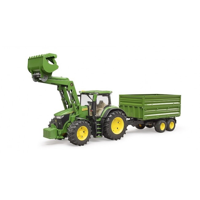 John Deere 7R 350 tractor with front loader and 2-axle trailer 03155 BRUDER
