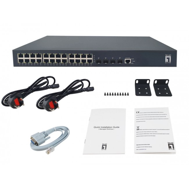 LevelOne 28-Port L3 Lite Managed Gigabit PoE Switch, 802.3af/at PoE, 24 PoE Outputs, 400W Power Budget, 4 x 10G SFP+, Dual AC Redundant Power Supply