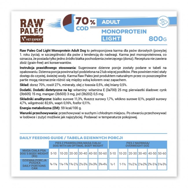 VETEXPERT Raw Paleo Cod Light Monoprotein - wet dog food - 800g VETEXPERT Raw Paleo Cod Light Monoprotein - wet dog food - 800g