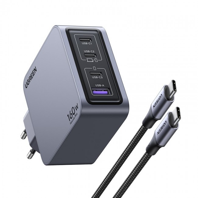 Ugreen Nexode Pro 160W GaN Charger with USB-C Cable Universal Black, Grey AC Fast charging Indoor