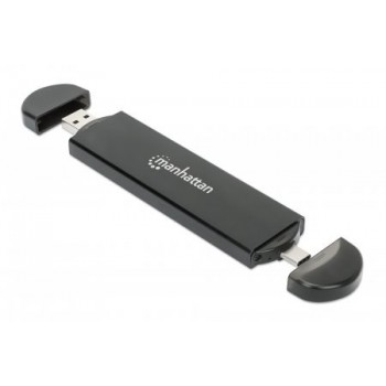 Manhattan M.2 NVMe and SATA SSD Enclosure, USB-C & USB-A Male Connection, Up to 10 Gbps (USB 3.2 Gen2 aka USB 3.1), For 2230/2242/2260/2280 SSDs with M Key or B+M Key, SuperSpeed+ USB, Aluminum, Black, Three Year Warranty
