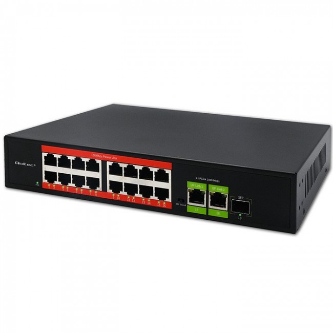 Qoltec Prze ącznik sieciowy SWITCH Fast Ethernet PoE | 16x RJ45 10/100 Mb/s | 2x RJ45 Uplink 1000 Mb/s | 1x SFP 1000 Mb/s