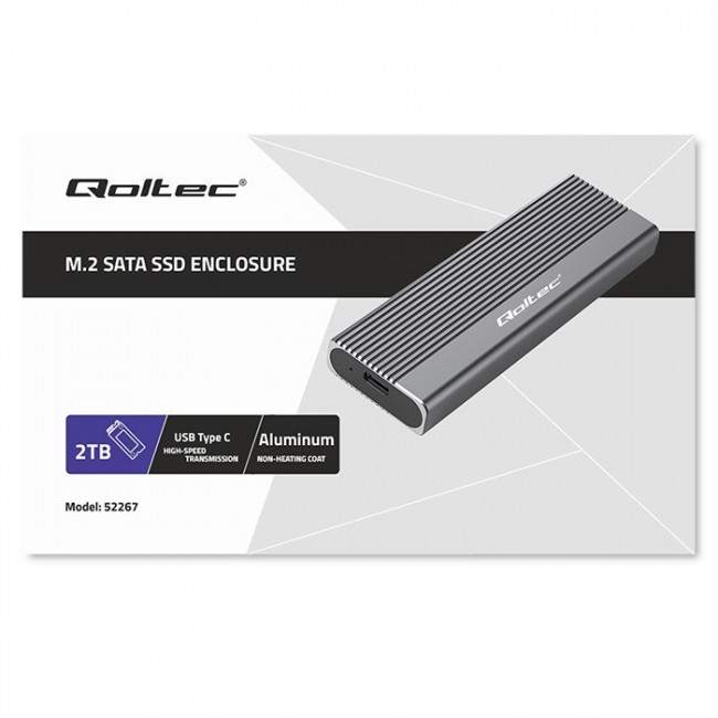 Qoltec 52267 Enclosure | SSD M.2 drive | SATA | NGFF| USB-C | Super speed | 2TB | Grey