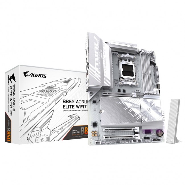 GIGABYTE B850 AORUS ELITE WIFI7 ICE Motherboard - AMD Ryzen 9000 Series CPUs, 12+2+1 Phases Digital VRM, up to 8200MHz DDR5 (OC), 1xPCIe 5.0 + 2xPCIe 4.0 M.2, 2.5 LAN, WIFI 7, USB 3.2 Gen 2x2 GIGABYTE B850 AORUS ELITE WIFI7 ICE Motherboard - AMD Ryzen 9000 Series CPUs, 12+2+1 Phases Digital VRM, up to 8200MHz DDR5 (OC), 1xPCIe 5.0 + 2xPCIe 4.0 M.2, 2.5 LAN, WIFI 7, USB 3.2 Gen 2x2