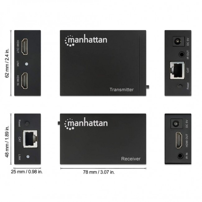 Manhattan HDMI 1080p over Ethernet Extender Kit, Up to 50m with Single Cat6 Cable, Tx & Rx Modules, IR Support, Three Year Warranty Manhattan HDMI 1080p over Ethernet Extender Kit, Up to 50m with Single Cat6 Cable, Tx & Rx Modules, IR Support, Three Year Warranty