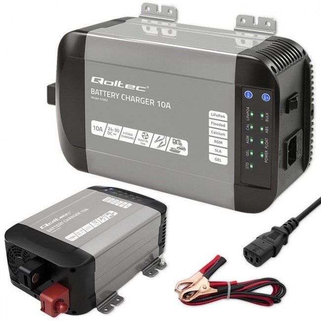 Qoltec Smart Monolith Battery Charger for LiFePO4 AGM GEL SLA batteries | 10A | 24V