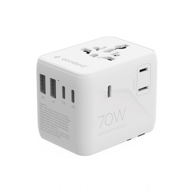 Gembird TPA-2A3C70-01-W Universal travel power adapter, 70 W, white Gembird TPA-2A3C70-01-W Universal travel power adapter, 70 W, white