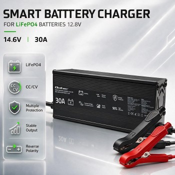 Qoltec Specjalistyczna adowarka do akumulatora LiFePO4 12V | 30A | PF 0.9 | LED | Inteligentne adowanie