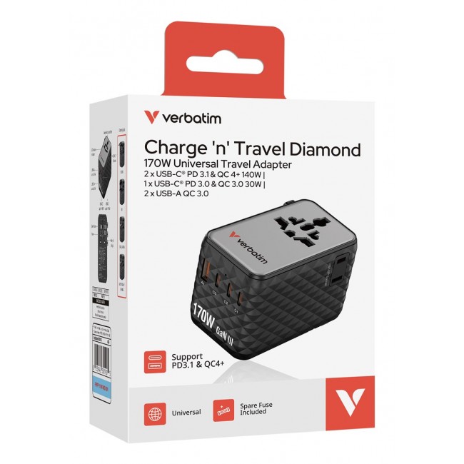 Verbatim Charge 'n' Travel 170W Universal Travel Adapter Black