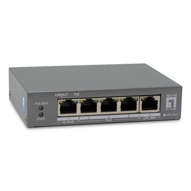 LevelOne 5-Port Gigabit PoE Switch, 802.3af/at/bt PoE, 4 PoE Outputs, 60W Power Budget, Long-Range PoE with Watchdog