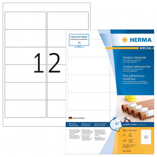 HERMA 9538 self-adhesive label Rectangle White 480 pc(s)