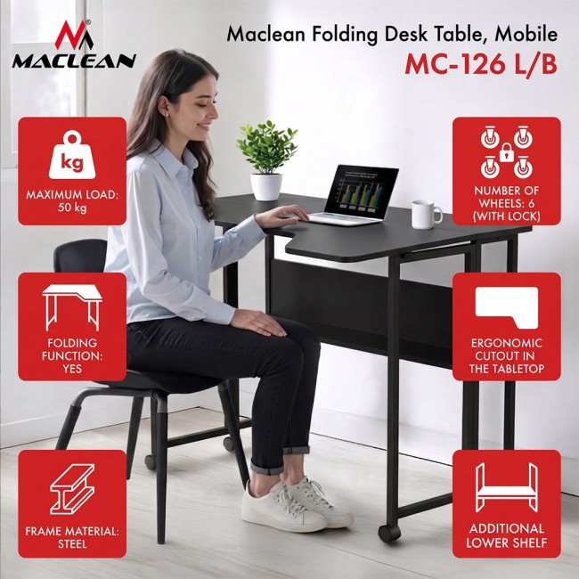Maclean Folding Desk/Table, Black, Mobile, 100x73 cm, max. 50 kg, Angled, L-Shaped, MC-126 L/B
