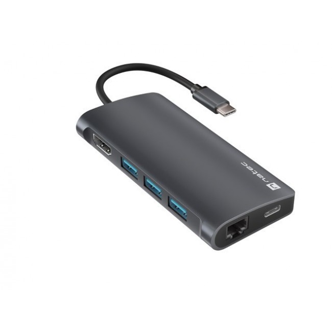 MULTIPORT ADAPTER NATEC FOWLER 2 V2 USB-C 8IN1 HUB - USB 3.0 3X, HDMI 4K, USB-C, RJ45, SD, MICRO SD