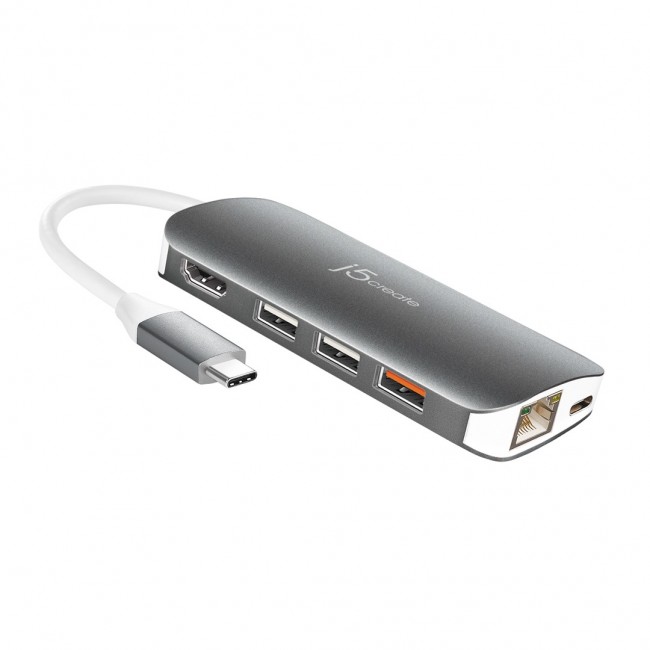 j5create JCD383 USB-C 9-in-1 Multi Adapter, Silver and White