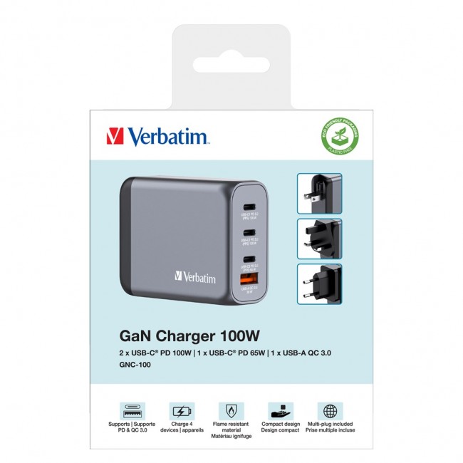 Verbatim GNC-100 GaN Charger 4 Port 100W USB A/C (EU/UK/US)