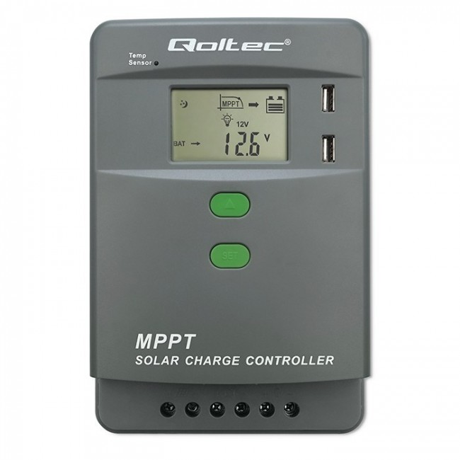 Qoltec Solarny regulator adowania MPPT z czujnikiem temperatury 10A |12V / 24V | LCD | 2 x USB | Bluetooth | APP | GEL | LiFePO4