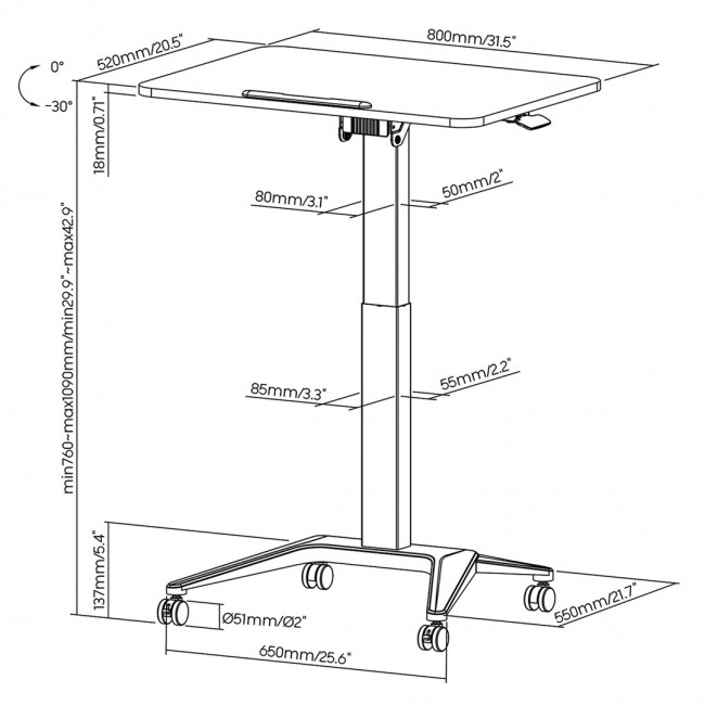 Maclean MC-453 W Mobile Laptop Desk with Pneumatic Height Adjustment, Laptop Table with Wheels, 80 x 52 cm, Max. 8 kg, Height Adjustable Max. 109 cm (White)