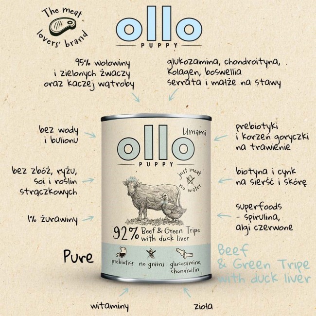 OLLO Puppy Umami Beef and Green Tripe with Duck Liver - wet dog food - 850g