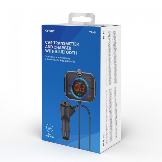 Savio TR-14 Transmiter FM z Bluetooth i adowarką PD 87.6 - 107.9 MHz Bluetooth/USB Black Savio TR-14 Transmiter FM z Bluetooth i adowarką PD 87.6 - 107.9 MHz Bluetooth/USB Black