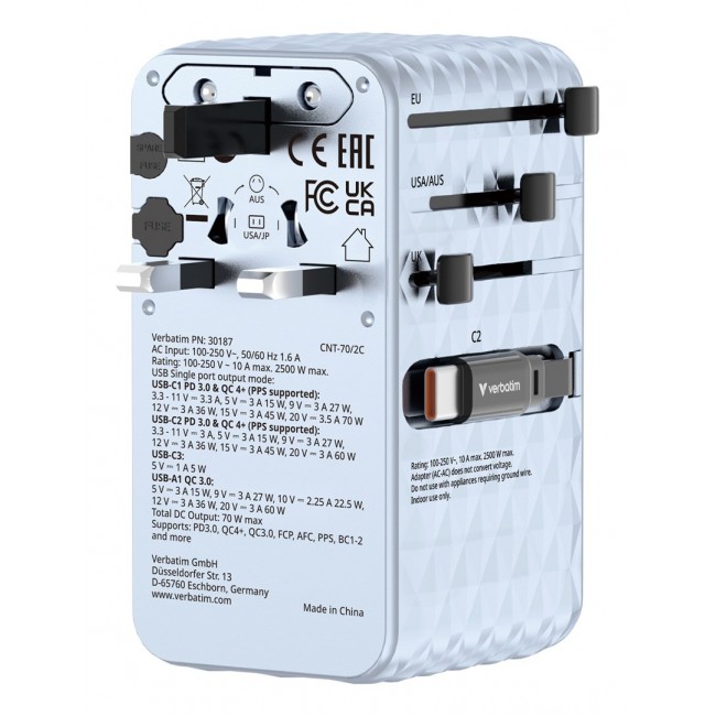 Universal Travel Adapter Verbatim Charge 70W 2C