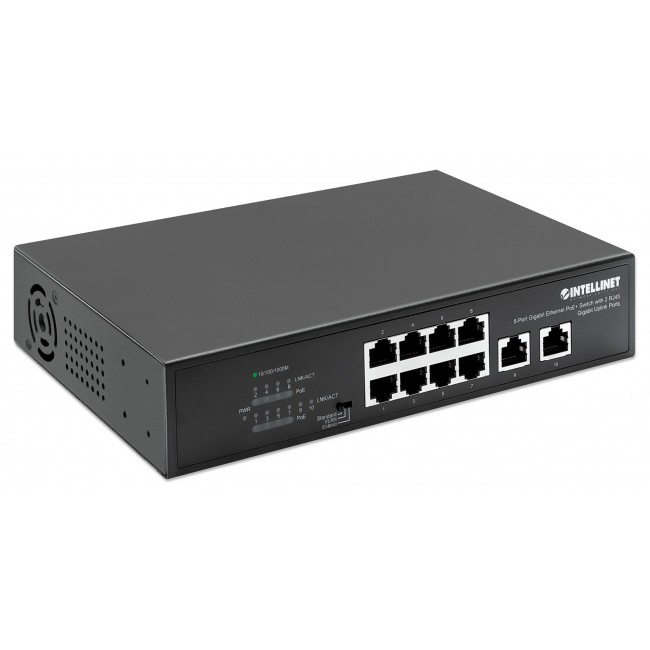 Intellinet 8-Port Gigabit Ethernet PoE+ Switch with 2 RJ45 Gigabit Uplink Ports, IEEE 802.3at/af Power over Ethernet (PoE+/PoE) Compliant, 120 W, Endspan, Desktop (WITH C14 2 PIN POWER CORD) Intellinet 8-Port Gigabit Ethernet PoE+ Switch with 2 RJ45 Gigabit Uplink Ports, IEEE 802.3at/af Power over Ethernet (PoE+/PoE) Compliant, 120 W, Endspan, Desktop (WITH C14 2 PIN POWER CORD)