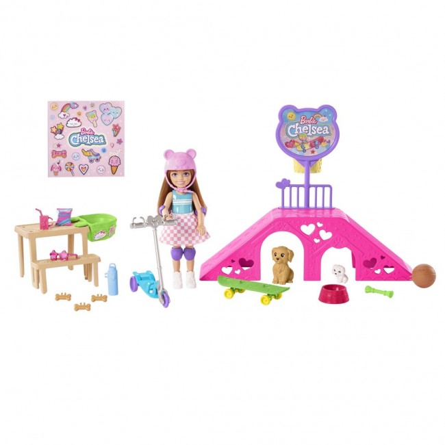 Barbie Chelsea Doll and Accessories, Skatepark Playset with 2 Puppies and 15+ Pieces