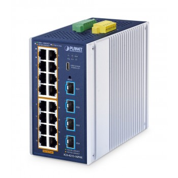 PLANET ndustrial L2+ 16-Port 10/100/1000T 802.3at PoE + 4-Port 10G SFP+ Managed Ethernet Switch L2+ Gigabit Ethernet (10/100/1000) Power over Ethernet (PoE) Aluminium, Blue