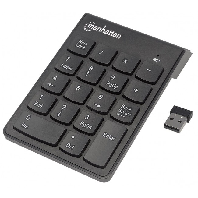 Manhattan Numeric Keypad, Wireless (2.4GHz), USB-A Micro Receiver, 18 Full Size Keys, Black, Membrane Key Switches, Auto Power Management, Range 10m, AAA Battery (included), Windows and Mac, Three Year Warranty, Blister