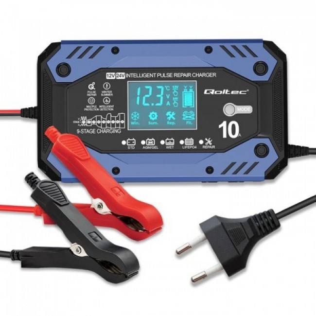 Qoltec 52482 Intelligent charger for STD AGM GEL LiFePO4 | Battery charger with repair function |12-24V |10A | LCD | 9 - stage charging