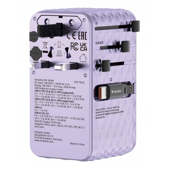 Verbatim Charge 'n' Travel 70W 2C retractable Universal Travel Adapter Purple