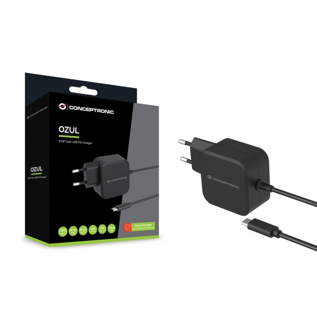 Conceptronic OZUL04BE 67W GaN USB PD Charger, Built-in USB-C Cable