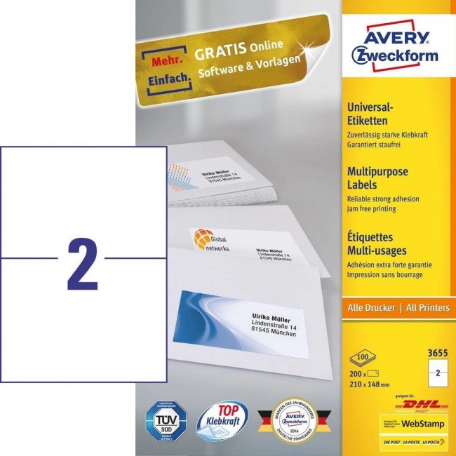 Avery 3655 self-adhesive label Rectangle Permanent White 200 pc(s)