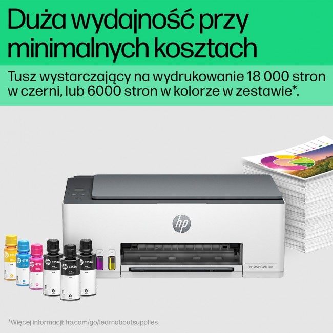 HP Smart Tank 580 All-in-One Printer, Home and home office, Print, copy, scan, Wireless High-volume printer tank Print from phone or tablet Scan to PDF