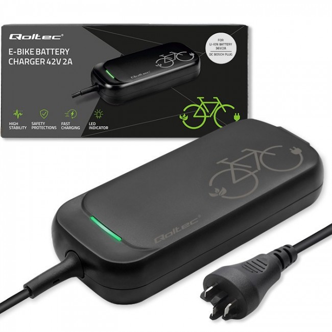 Qoltec Szybka adowarka Pro do roweru elektrycznego Bosch 36V | 42V | 2A | Bosch plug | wodoodporna +kabel zasilający
