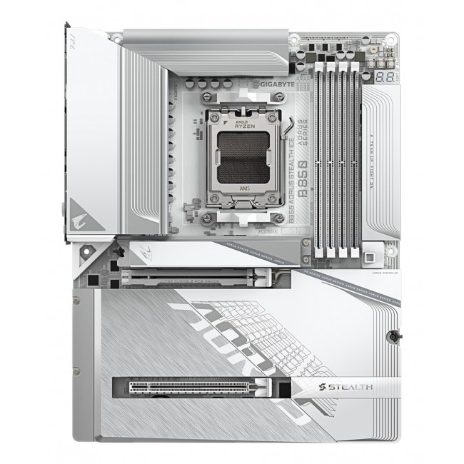 GIGABYTE B850 AORUS STEALTH ICE Motherboard - AMD Ryzen 9000 Series CPUs, 14+2+2 Phases Digital VRM, up to 8200MHz DDR5 (OC), 2xPCIe 5.0 + 2xPCIe 4.0 M.2, WIFI 7, 5 GbE LAN, USB 3.2 Gen 2 GIGABYTE B850 AORUS STEALTH ICE Motherboard - AMD Ryzen 9000 Series CPUs, 14+2+2 Phases Digital VRM, up to 8200MHz DDR5 (OC), 2xPCIe 5.0 + 2xPCIe 4.0 M.2, WIFI 7, 5 GbE LAN, USB 3.2 Gen 2
