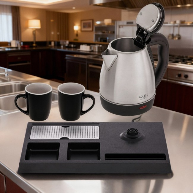 Adler AD 1354 Hotel kettle stainless steel 1.2 L + tray with cups black, steel