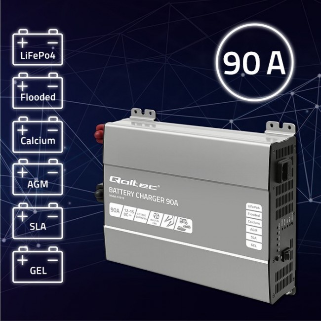 Qoltec Smart Professional Monolith Battery Charger for LiFePO4 AGM GEL SLA batteries | 90A | 12V | Fast charging Qoltec Smart Professional Monolith Battery Charger for LiFePO4 AGM GEL SLA batteries | 90A | 12V | Fast charging