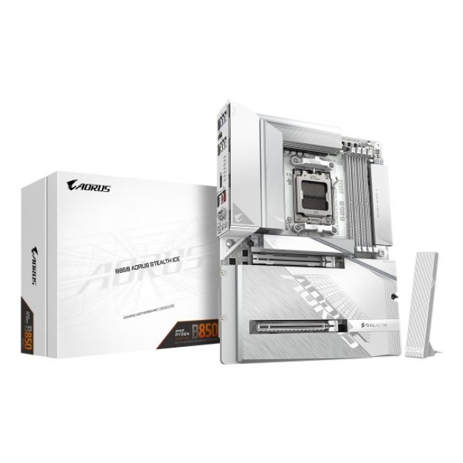 GIGABYTE B850 AORUS STEALTH ICE Motherboard - AMD Ryzen 9000 Series CPUs, 14+2+2 Phases Digital VRM, up to 8200MHz DDR5 (OC), 2xPCIe 5.0 + 2xPCIe 4.0 M.2, WIFI 7, 5 GbE LAN, USB 3.2 Gen 2 GIGABYTE B850 AORUS STEALTH ICE Motherboard - AMD Ryzen 9000 Series CPUs, 14+2+2 Phases Digital VRM, up to 8200MHz DDR5 (OC), 2xPCIe 5.0 + 2xPCIe 4.0 M.2, WIFI 7, 5 GbE LAN, USB 3.2 Gen 2