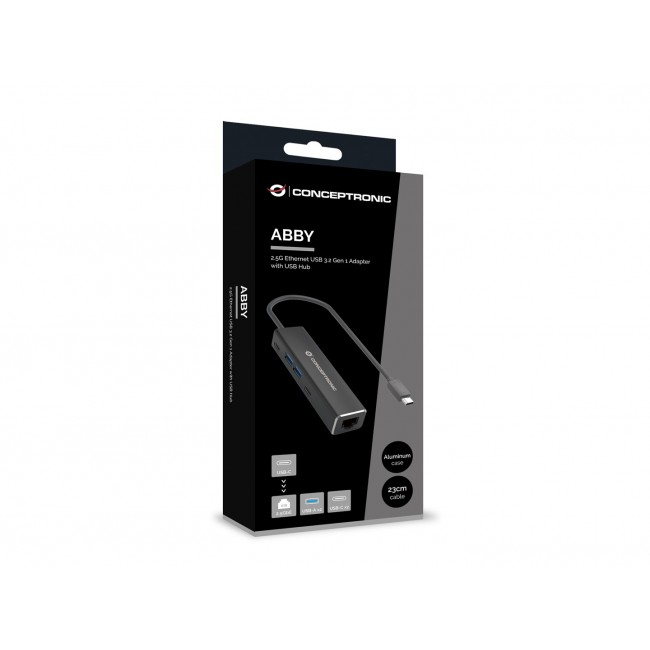 Conceptronic ABBY14B 2.5G Ethernet USB 3.2 Gen 1 Adapter with USB Hub, 2.5GbE, USB-A x 2, USB-C x 2