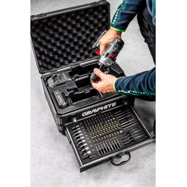 Graphite Energy+ set in aluminum case: drill/driver with removable chuck, 2 2.0Ah batteries, charger and 109 accessories