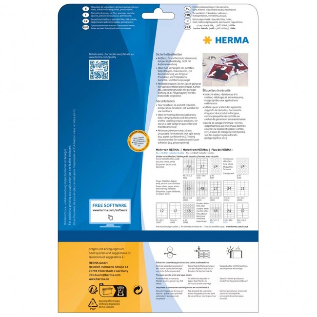 HERMA Security labels A4 40 mm round white extra strong adhesion film matt 600 pcs. HERMA Security labels A4 40 mm round white extra strong adhesion film matt 600 pcs.