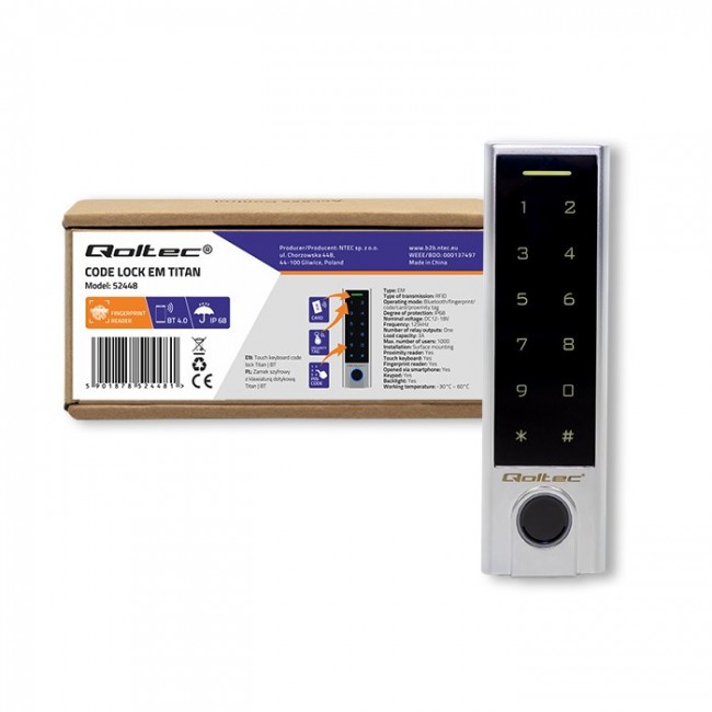 Qoltec 52448 Code lock TITAN with fingerprint reader | RFID | BT 4.0 |Code | Card | key fob | Doorbell| IP68 | EM Qoltec 52448 Code lock TITAN with fingerprint reader | RFID | BT 4.0 |Code | Card | key fob | Doorbell| IP68 | EM
