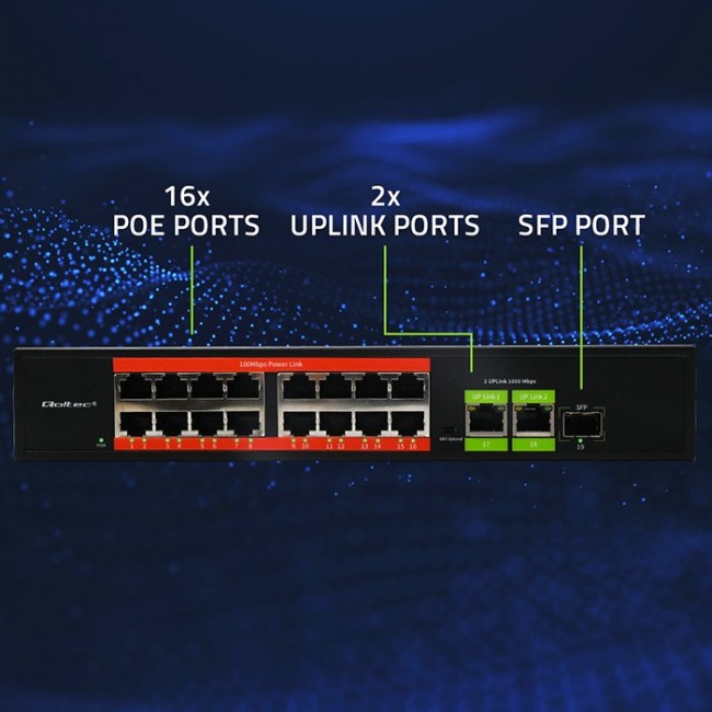 Qoltec Prze ącznik sieciowy SWITCH Fast Ethernet PoE | 16x RJ45 10/100 Mb/s | 2x RJ45 Uplink 1000 Mb/s | 1x SFP 1000 Mb/s