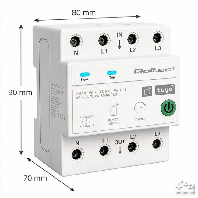 Qoltec Tr jfazowy przeka nik 63A na szynę DIN | 3P+N | Timer | Wi-Fi | Tuya | Smart Life | Amazon Alexa | 4P